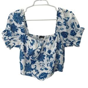 Salanta Floral Milkmaid Crop Top L Blue White Puff Sleeves Smocked Cropped